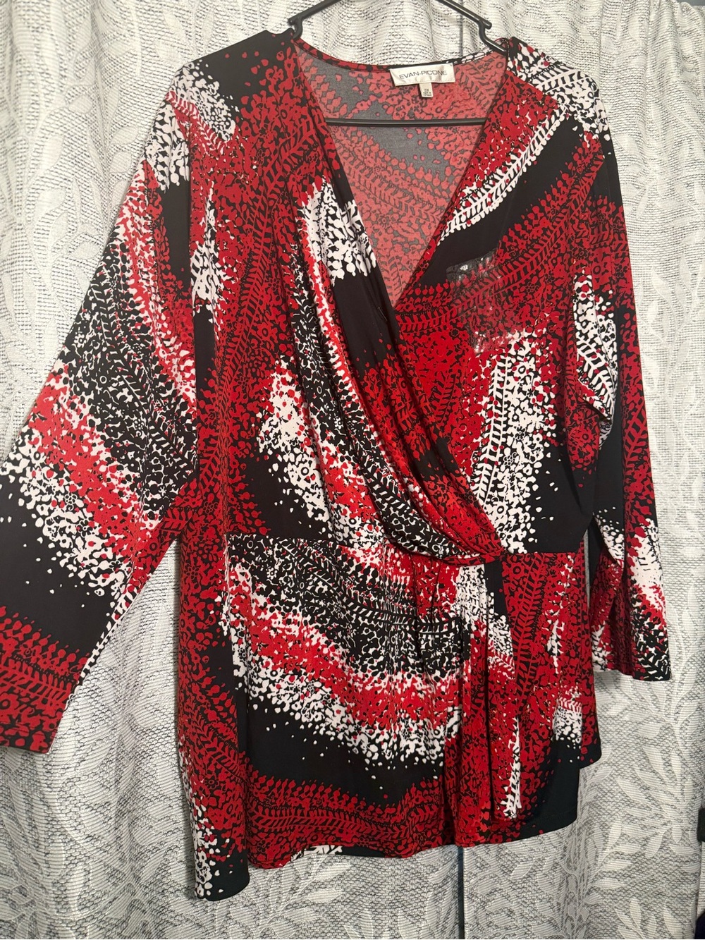 Evan Picone Red, Black & White Abstract Wrap Tunic